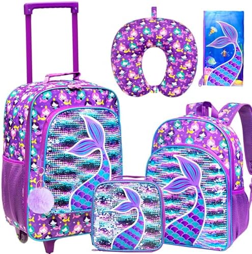 AGSDON 5 Piece Kids Luggage Set for Girls, Cute Rolling Wheels Suitcase for Toddler, Children Travel Carry on Suitcase -Mermaid